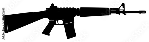 A silhouette of an assault rifle on a plain , black, gun, handgun, machine gun, profile, project picture, rifle, shotgun, tool, toy gun, weapon, against transparent background