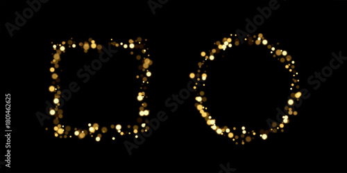 Golden glitter bokeh frames. Abstract glowing particles forming square and circular shapes on black background. Sparkling festive border, luxury decoration, shimmering lights. Vector illustration.