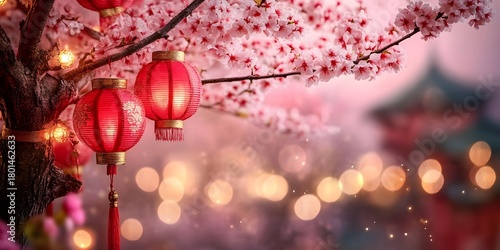 Pink, red, and golden lanterns on Japanese sakura tree for Lunar New Year, with glitter and bokeh lights.