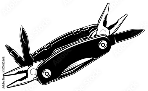 A black and white illustration of a multi-tool, black, illustration, plier, tool, against transparent background
