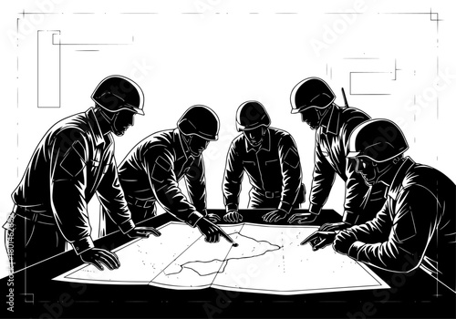 A group of soldiers in military uniforms looking at a map, black, construction worker, engineer, illustration, job, man, map, person, table, against transparent background
