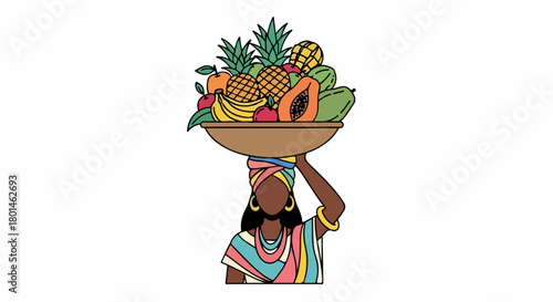 Woman carrying fruit basket in traditional clothing