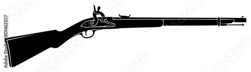 A black and white silhouette of a flintlock rifle, black, gun, handgun, icon, illustration, machine gun, profile, rifle, shotgun, toy gun, weapon, against transparent background