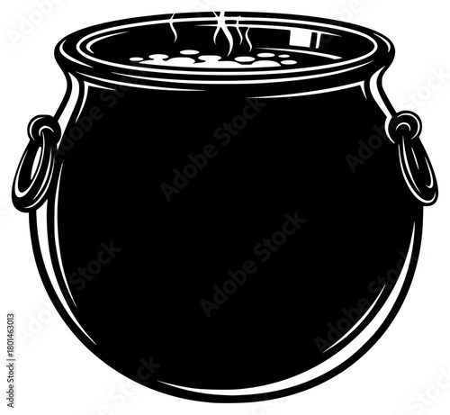 A black and white illustration of a cauldron with two handles, black, caldron, gold, illustration, liquid, pot, profile, steam, stew, against transparent background