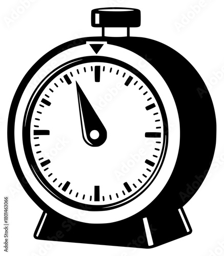 A black and white illustration of a stopwatch, alarm, alarm clock, black, clock, dial, flat, icon, illustration, stop watch, against transparent background