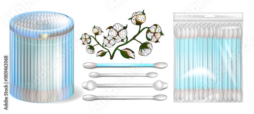 A realistic illustration of cotton swabs in various forms, including a transparent plastic jar, a sealed zip bag, and individual cotton buds, detailed cotton plant branch. 