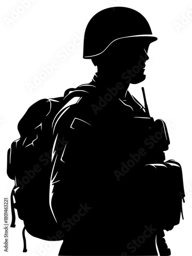 A silhouette of a soldier with a backpack and a helmet, standing with crossed arms, backpack, black, man, profile, radio, soldier, wear, against transparent background
