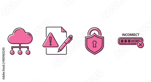 Cybersecurity icons warning of cloud data breach and password failure