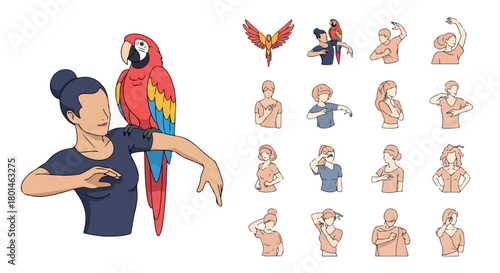 Woman communicating with parrot in sign language poses