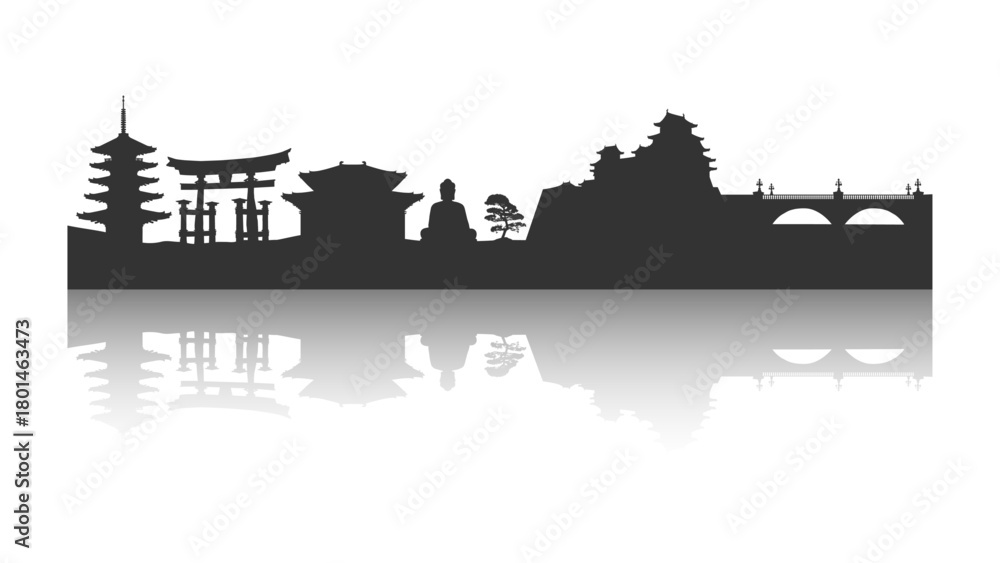 Naklejka premium Japan skyline with silouettes of famous places, ancient attractions and reflection in water. Pagoda, torii gate, shrine, giant Buddha, castle, bridge. Vector illustration on a transparent background