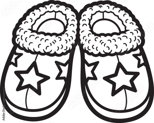 A pair of cozy childrens slippers with fluffy fleece cuffs and a star pattern depicted in black and white line art.
