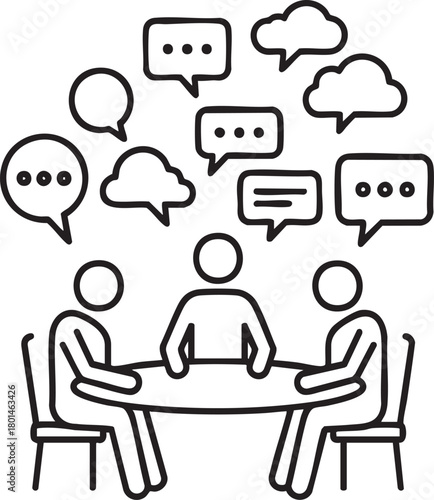 A minimalist line art icon of three people at a table with speech and thought bubbles symbolizing a group discussion meeting or brainstorming session.