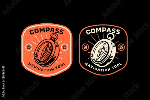 Compass navigation tool retro badge logo vector design set for adventure. Direction tool vintage patch illustration pack for outdoor. Wayfinder bearing devive emblem sticker element design for explore