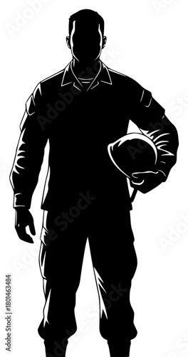 A silhouette of a man holding a baseball cap, standing confidently, ball, baseball glove, black, boxer, boxing glove, catch, hand, illustration, man, against transparent background