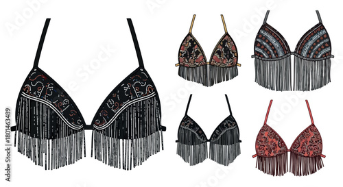 Embellished bikini bra designs with fringe details