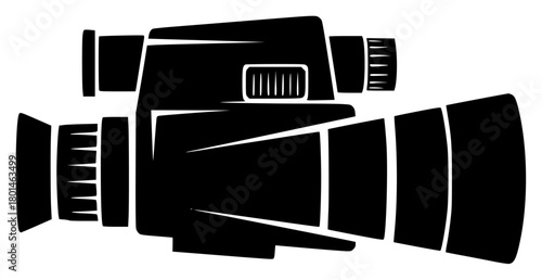 A black and white silhouette of a video camera, black, camera, camera lens, film camera, flat, icon, illustration, lens, tube, video camera, against transparent background