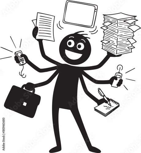 A smiling multiarmed stick figure character happily multitasking with various office equipment and paperwork.