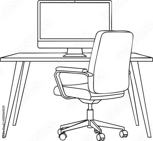 Black and white line art of a modern office workspace with a computer monitor on a desk and an ergonomic swivel chair.