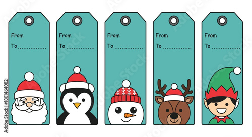Festive Christmas gift tags with Santa, reindeer, snowman and elf faces