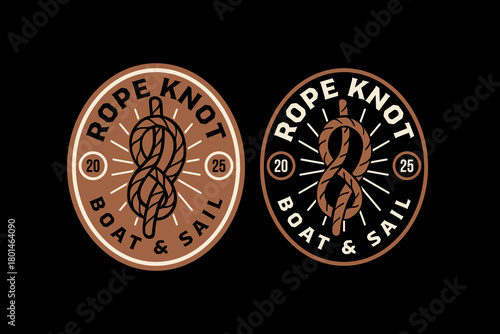 Rope knot retro badge logo vector design set for adventure. Sailing knot vintage patch illustration pack for nautical craft. Boat rope marine tie emblem sticker element design for boating