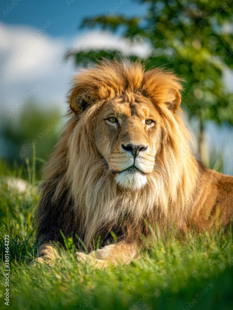 Fototapeta premium Majestic lion resting peacefully in the lush green grass under bright blue sky with detailed golden mane and calm expression in a natural habitat setting