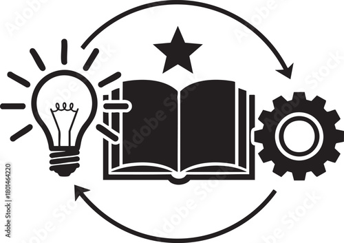 Black silhouette icon of a learning and innovation cycle with a lightbulb open book gear and star.