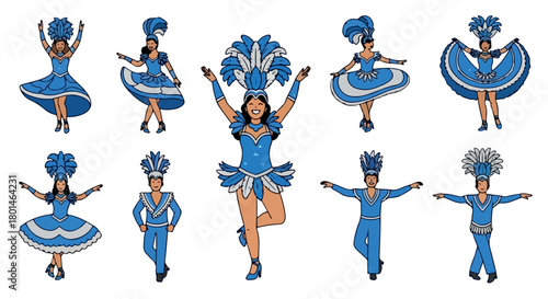 Carnival dancers in blue costumes with transparent background