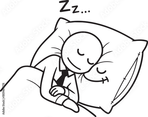 Cartoon stick figure businessman in a suit and tie sleeping peacefully in bed a black and white line art illustration.