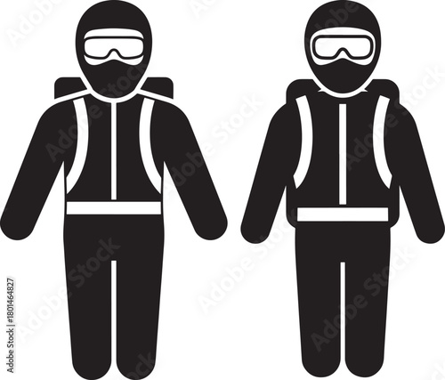 Two figures in protective gear silhouette