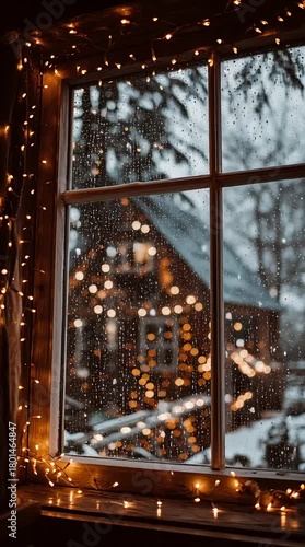 Cabin interior at night with Christmas lights, snow sparkle through windows, cinematic mood