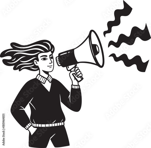 Handdrawn monochrome illustration of a person with flowing hair shouting into a megaphone.