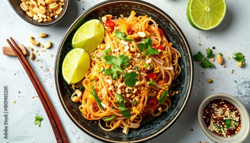 A vibrant plate of Pad Thai noodles, garnished with lime wedges, chopped peanuts, and cilantro, accompanied by chopsticks and a small bowl of dipping sauce.