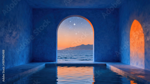 Dreamy Blue Arch Room with Sea View and Starry Sky