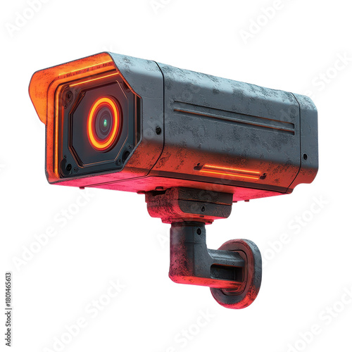 Futuristic Security Camera Surveillance System with Red Neon Glow Cyberpunk CCTV Security on transparent background