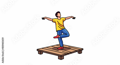 Man balancing on wooden pallet with arms outstretched