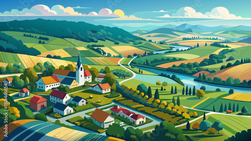 Very beautiful aerial view of Hunterdon County featuring rolling farmland, winding rivers, and charming small towns surrounded by lush green countryside, all captured with a clean, scenic, and invitin