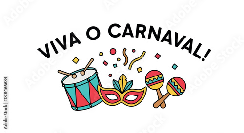 Carnival celebration with drum, mask, maracas