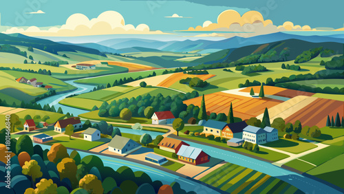 Very beautiful aerial view of Hunterdon County featuring rolling farmland, winding rivers, and charming small towns surrounded by lush green countryside, all captured with a clean, scenic, and invitin