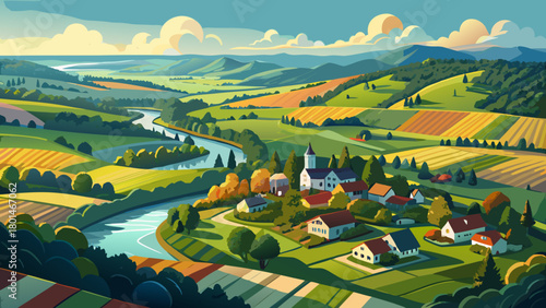 Very beautiful aerial view of Hunterdon County featuring rolling farmland, winding rivers, and charming small towns surrounded by lush green countryside, all captured with a clean, scenic, and invitin