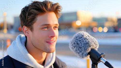 Boom microphone with furry windscreen in sharp focus during an outdoor city report; blogger covering the scene on a bright day.