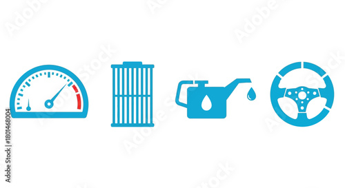 Automotive service icons showing speed, filter, oil, and steering wheel