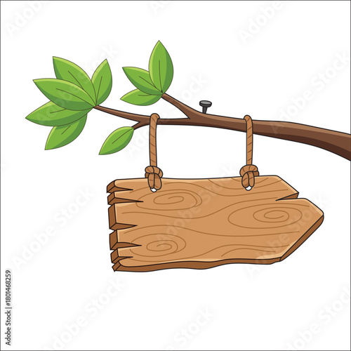 Wooden Hanging Sign Board on Tree Branch Illustration