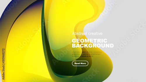 Bright abstract shapes overlap, creating dynamic geometric background. Yellows, greens, blues blend smoothly. Text invites further exploration.