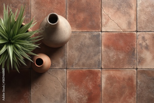 Natural terracotta tile texture with crackles and earthy brown tones for home decor background, bohemian style design and minimalist print brochure

