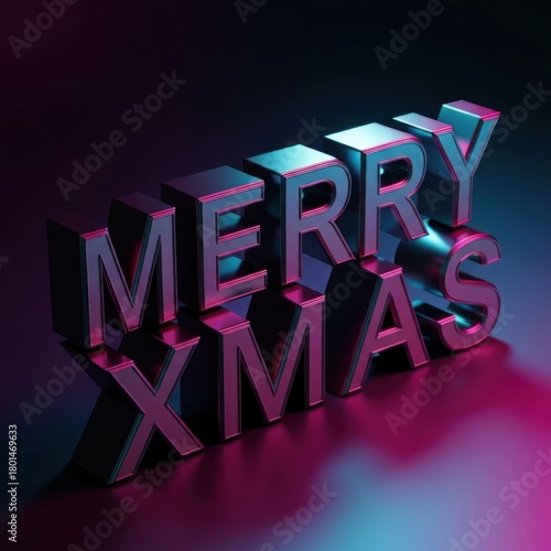 3D Merry Xmas text with pink and blue metallic reflections