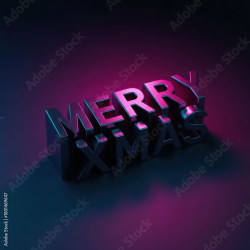 Metallic 3D Merry X-mas text with neon-style lighting
