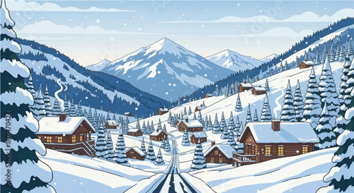 A beautifully detailed winter landscape illustration featuring a cozy, snow-covered village nestled deep within the mountains. Charming wooden cottages with lit windows are dotted amongst tall pine tr