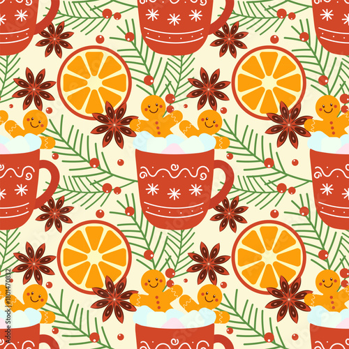 Christmas hot chocolate cups with marshmallows and gingerbread men. Aniseed pattern with spruce branches and orange slices. Christmas vibe.
