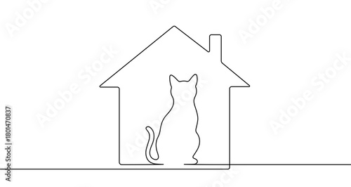Silhouette of a house with a cat inside, drawn with one continuous line. Symbol of a cozy home, animal love, pets, veterinary care, and shelter. Vector illustration.