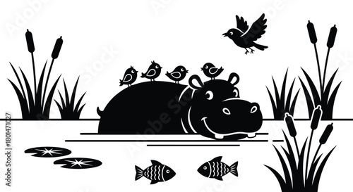 Adorable hippo with birds silhouette in pond with fish and cattails